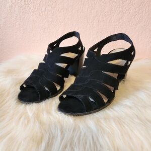 Dexflex Comfort Black Strappy Faux Suede Block Heels